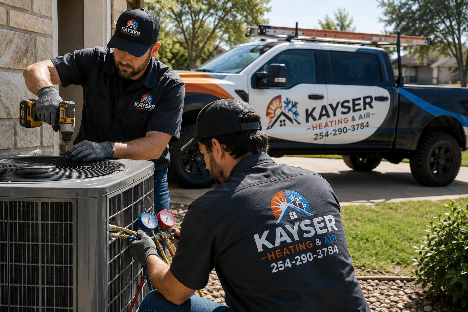 Kayser Heating & Air technicians servicing a residential AC condenser unit